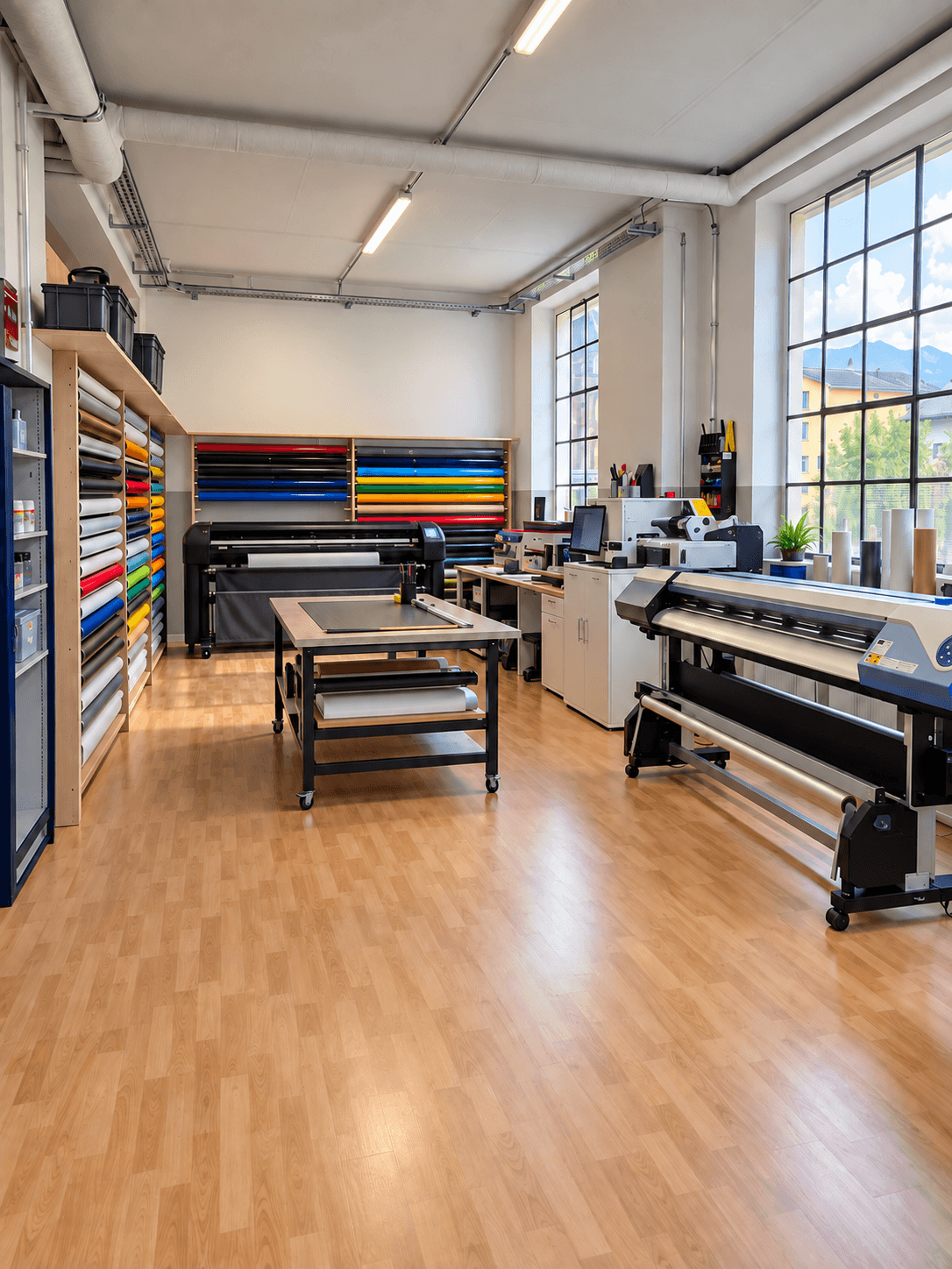 Produktion mit Grossformatdrucker und farblich sortiertem Folienlager
