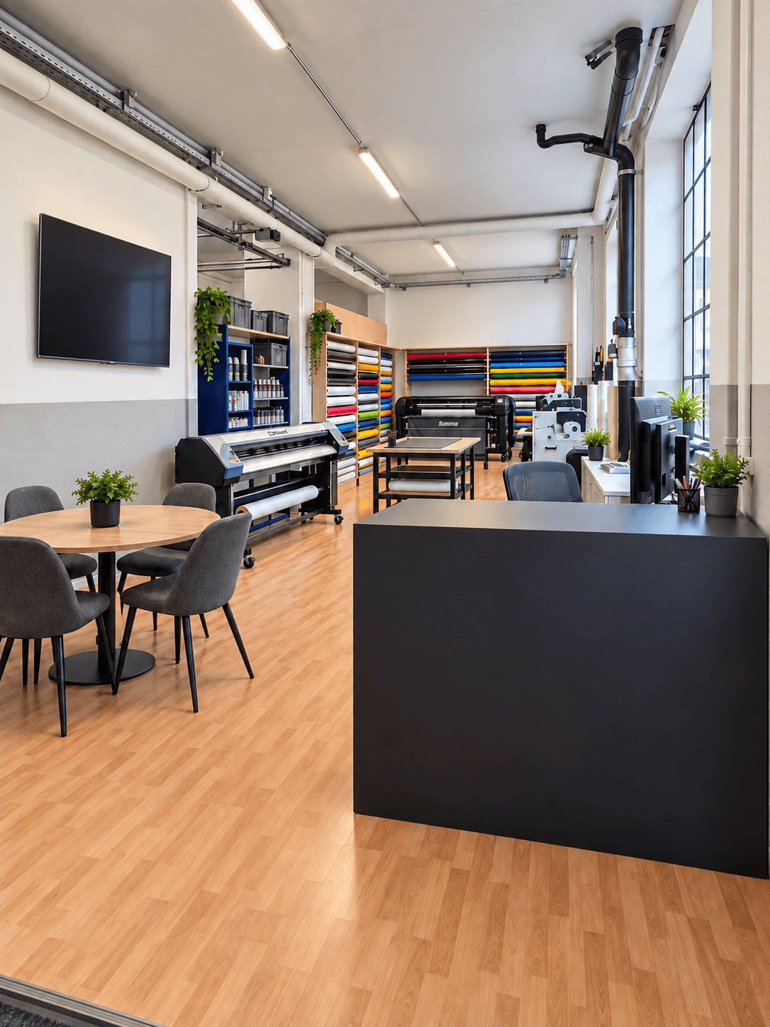 Produktionsbereich mit Plottern, Folienlager und Besprechungsecke