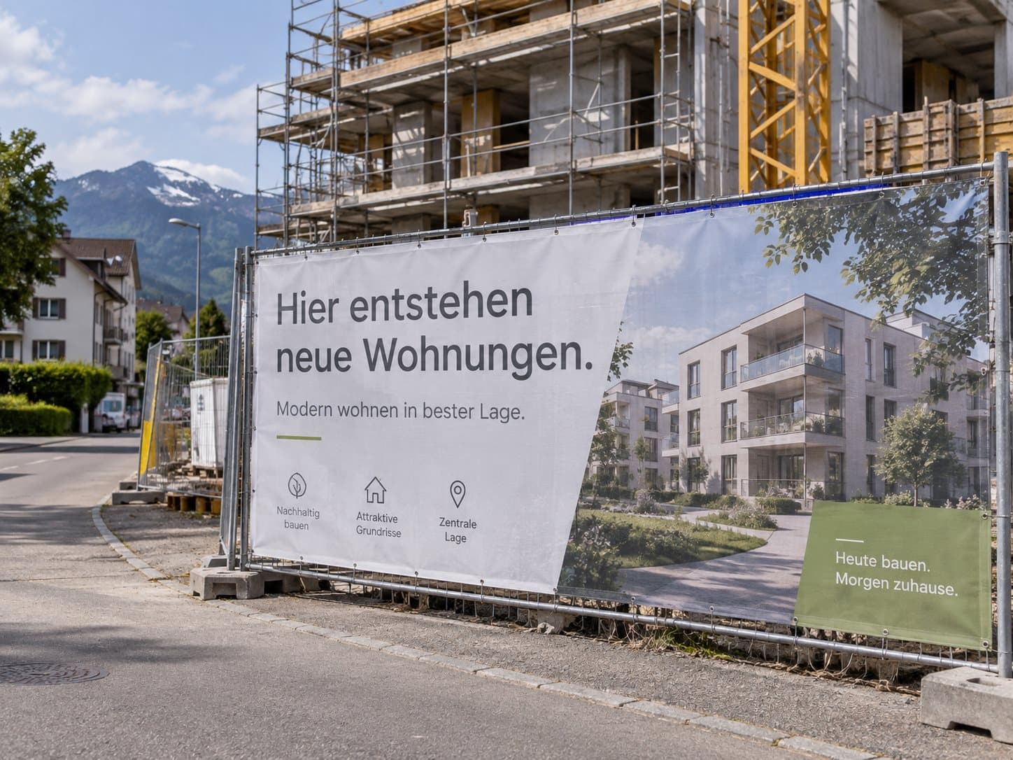 Baustellenwerbung an einem Bauzaun