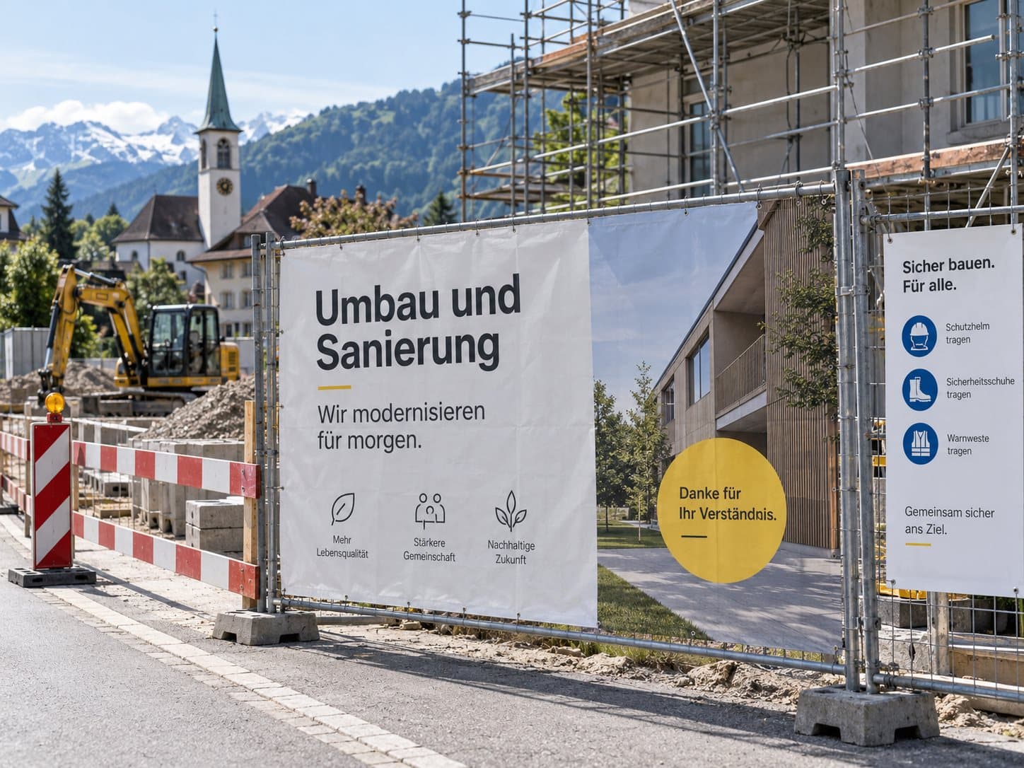 Baustellenwerbung an einer Bauwand