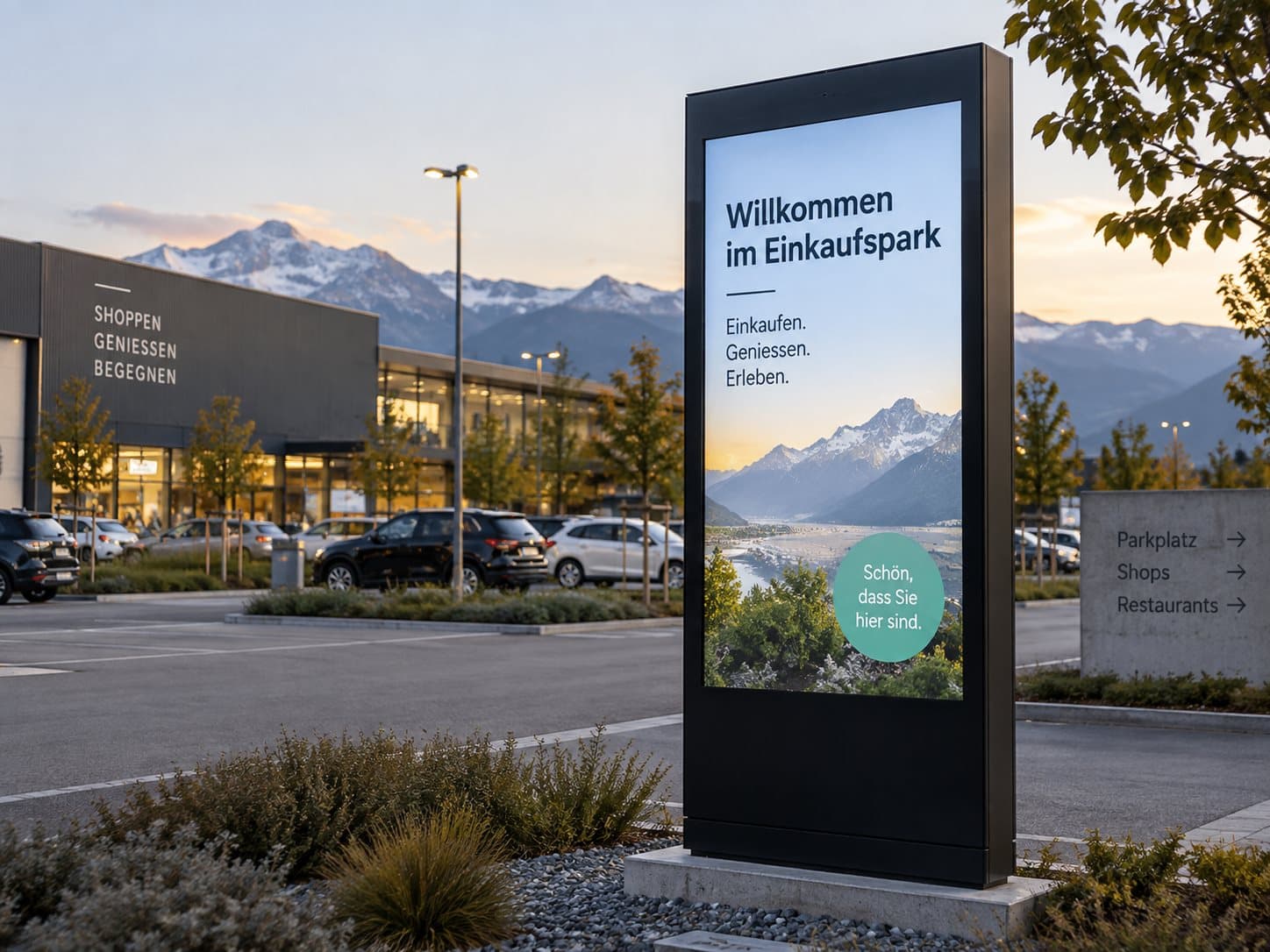 Digitales Werbedisplay bei Dämmerung
