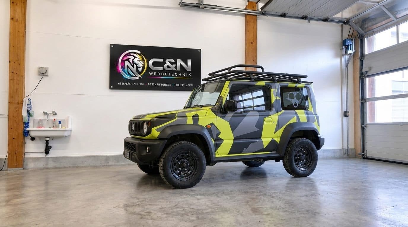 Fahrzeugfolierung an einem Jeep in Grün