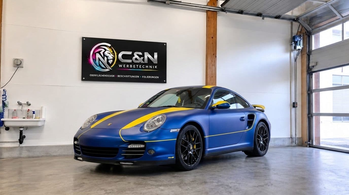 Fahrzeugfolierung an einem Porsche in Blau