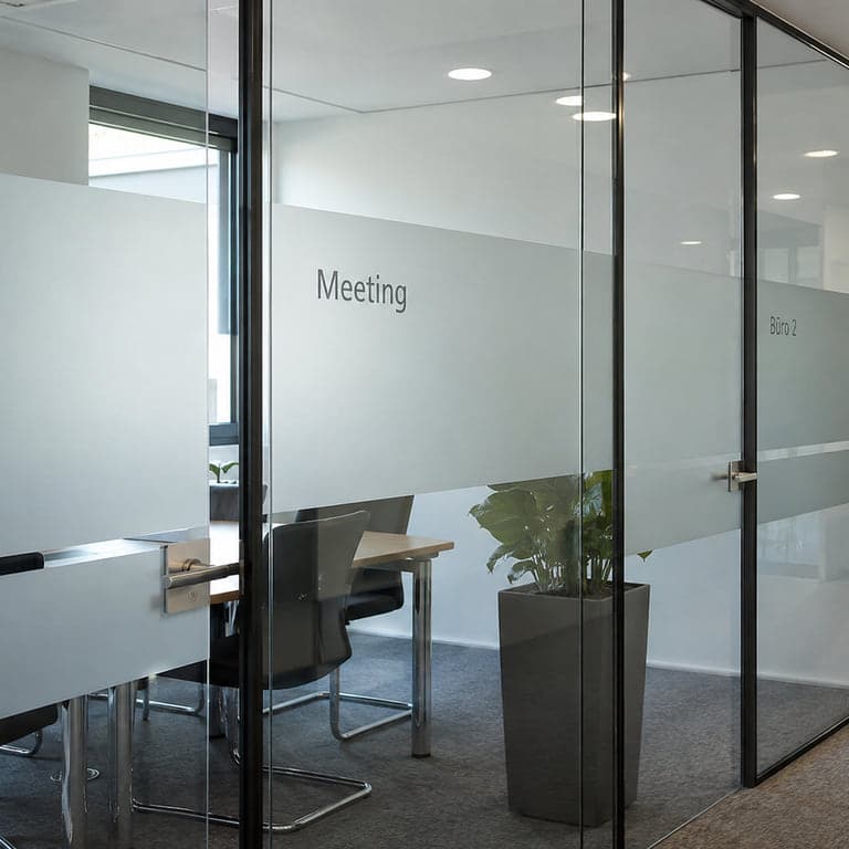 Glasbüros mit Sichtschutzfolie und Beschriftungen wie Meeting und Büro 2